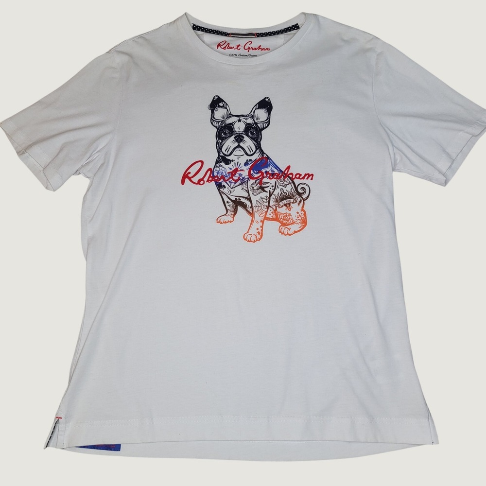 Robert Graham Mens White Tattoo French Bulldog Graphic T-Shirt Size M Unique